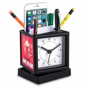 Custom Rotating Desk Clock with Branding Panels & Pen Stand | 3 Side Branding Clock | Bulk Corporate Gift Orders
