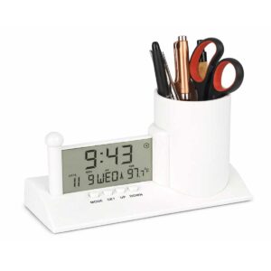 Custom Digital Clock with Pen Stand & Temperature Display | Branded Desk Clock with Tumbler | Bulk Corporate Gift Orders